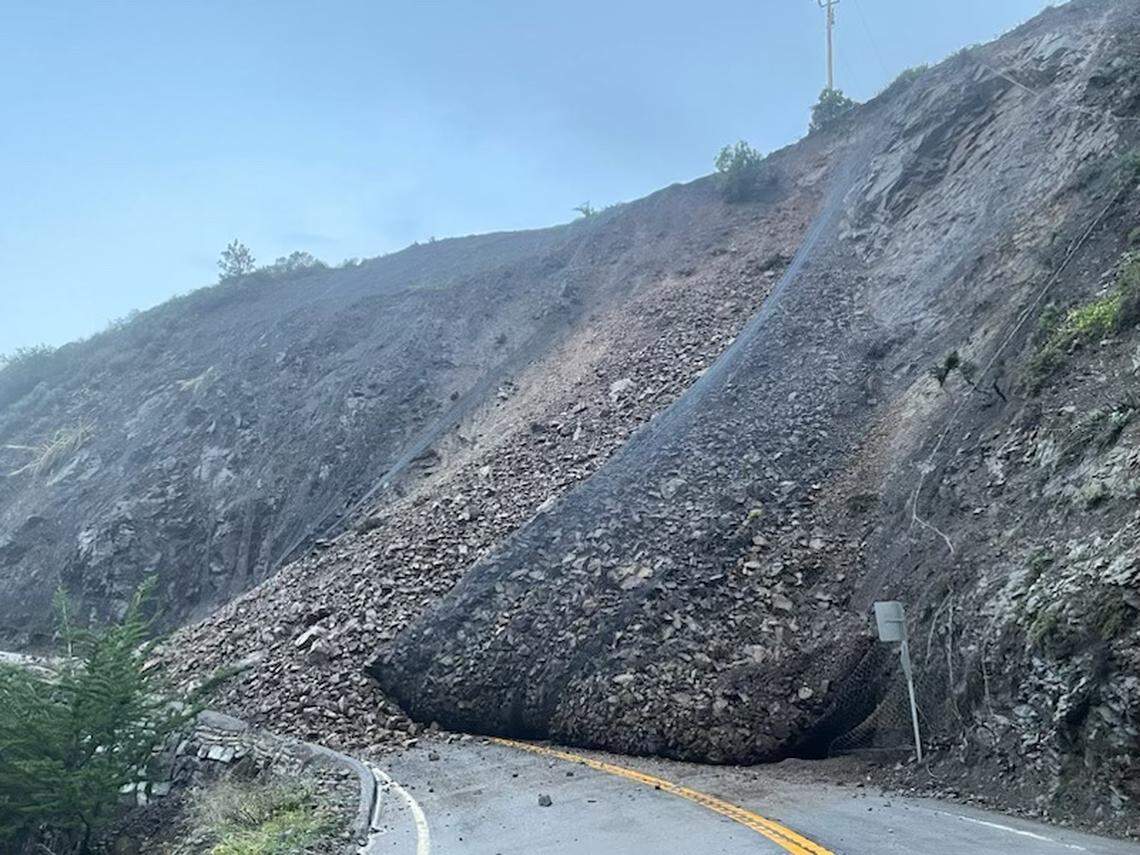 A rock slide closes Highway 1 at Polar Star, one mile south of Ragged Point.