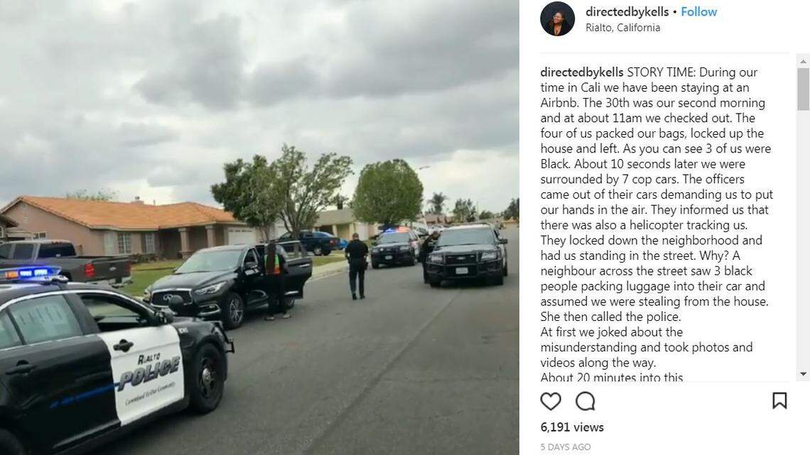 A screenshot from a video taken by Kelly Fyffe-Marshall, a woman who was detained by police in Rialto, California, when a neighbor thought Fyffe-Marshall and two other black women were stealing from an Airbnb.