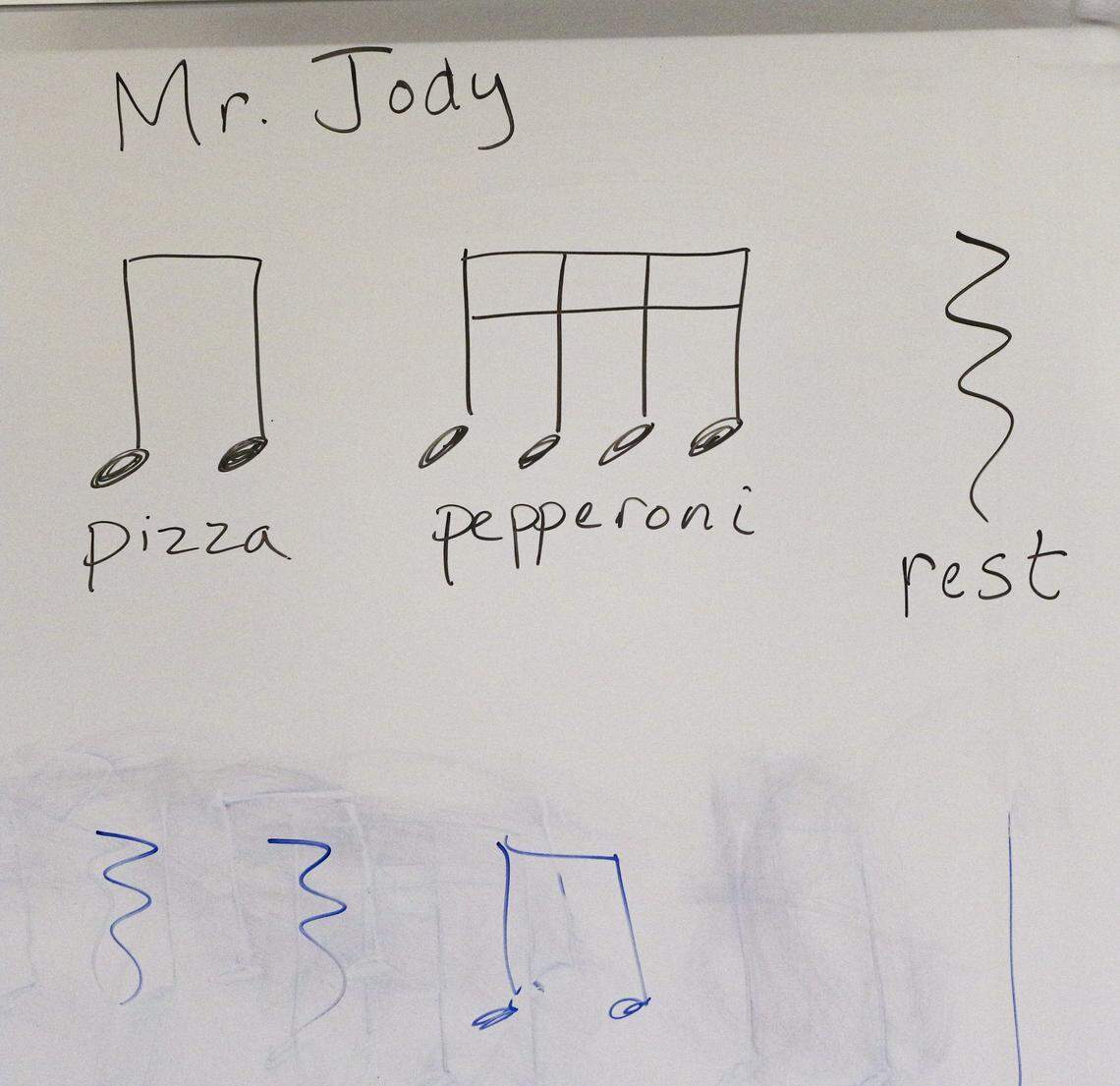 Students practice basic rythm strumming and drumming including rests where there is no sound. Infinite Music program at Mary Buren Elementary School in Guadalupe; Jody Mulgrew is the teacher, on Oct. 8, 2025.