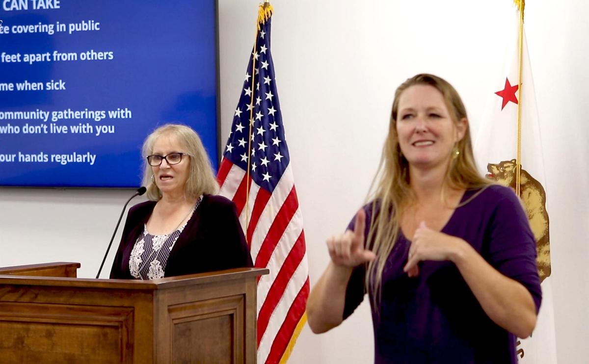 Dr. Penny Borenstein speaks at a coronavirus news conference as sign language Robin Babb, right, interprets.