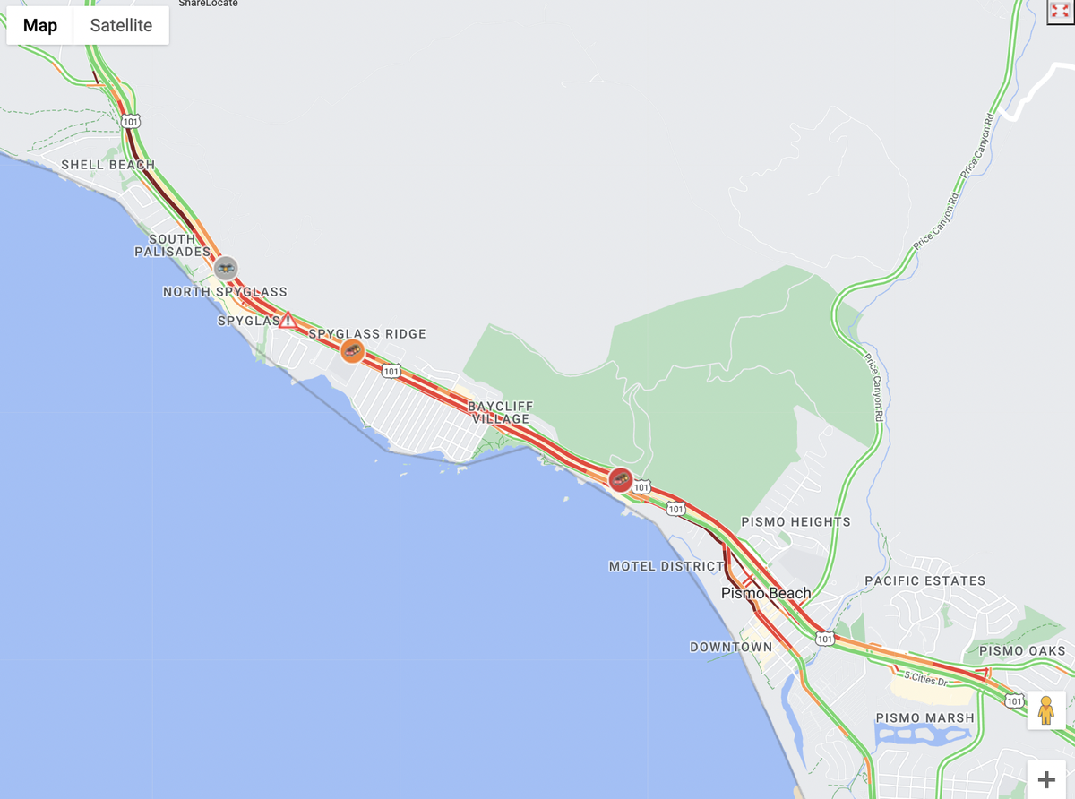 A map of traffic along the coastal Highway 101 route on July 16, 2023.
