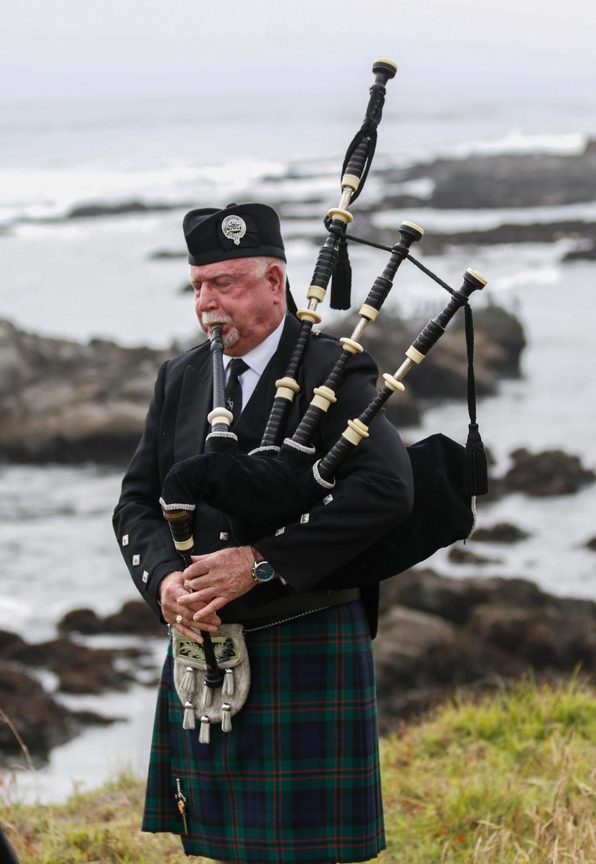 Former competitive piper Neal Dundas plays every other week from a blufftop in Cambria, California, delighting hikers on Fiscalini Ranch Preserve trail with sounds from 1938 set of Lawries.