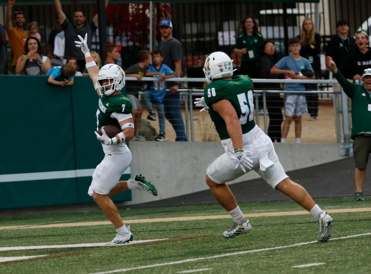 Wide receiver Jake Woods gets a touchdown in the first half. Cal Poly lost to Idaho State 41-38 in a college football game at Mustang Memorial Stadium on Oct. 5, 2024