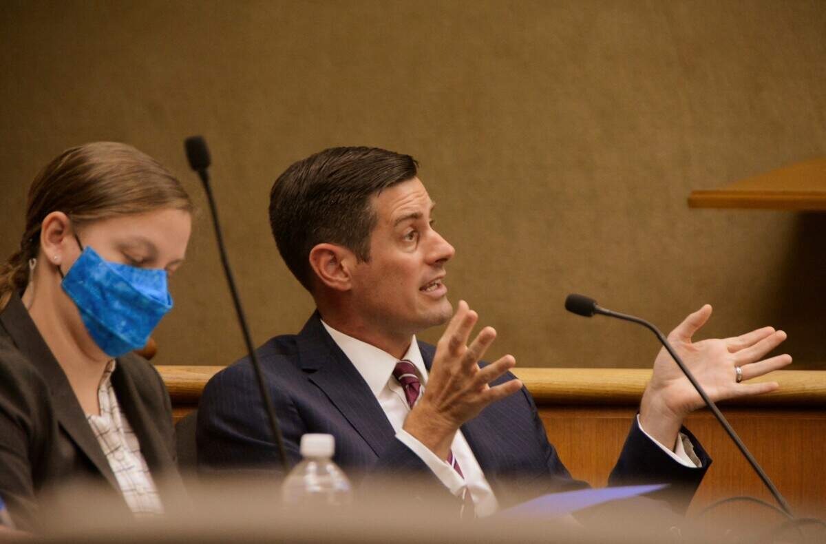 Deputy District Attorney Christopher Peuvrelle speaks during an Aug. 4, 2021, San Luis Obispo Superior Court preliminary hearing for Paul and Ruben Flores, who are accused in the 1996 disappearance of Cal Poly freshman Kristin Smart.