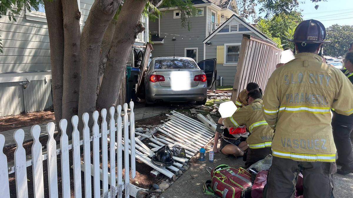 A single car crashed into a house near the corner of Islay and Osos streets in San Luis Obispo City just before 1 p.m. on Friday, Sept. 6.