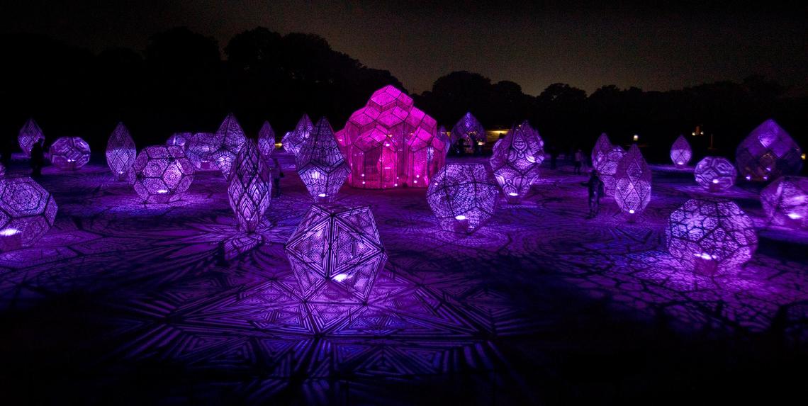 The DIMENSIONS exhibit at Sensorio in Paso Robles features a collection of illuminated geometric sculptures, seen here on May 23, 2024. It was created by the artist duo HYBYCOZO.