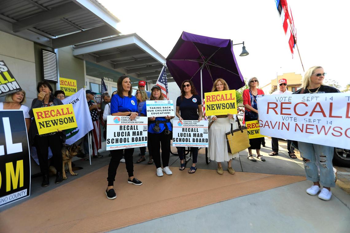 Speakers from Rescue California, a coalition that seeks to recall Gov. Gavin Newsom, met with a crowd at Dignified Hope Care in San Luis Obispo Thursday morning, one of several stops on a tour through California.