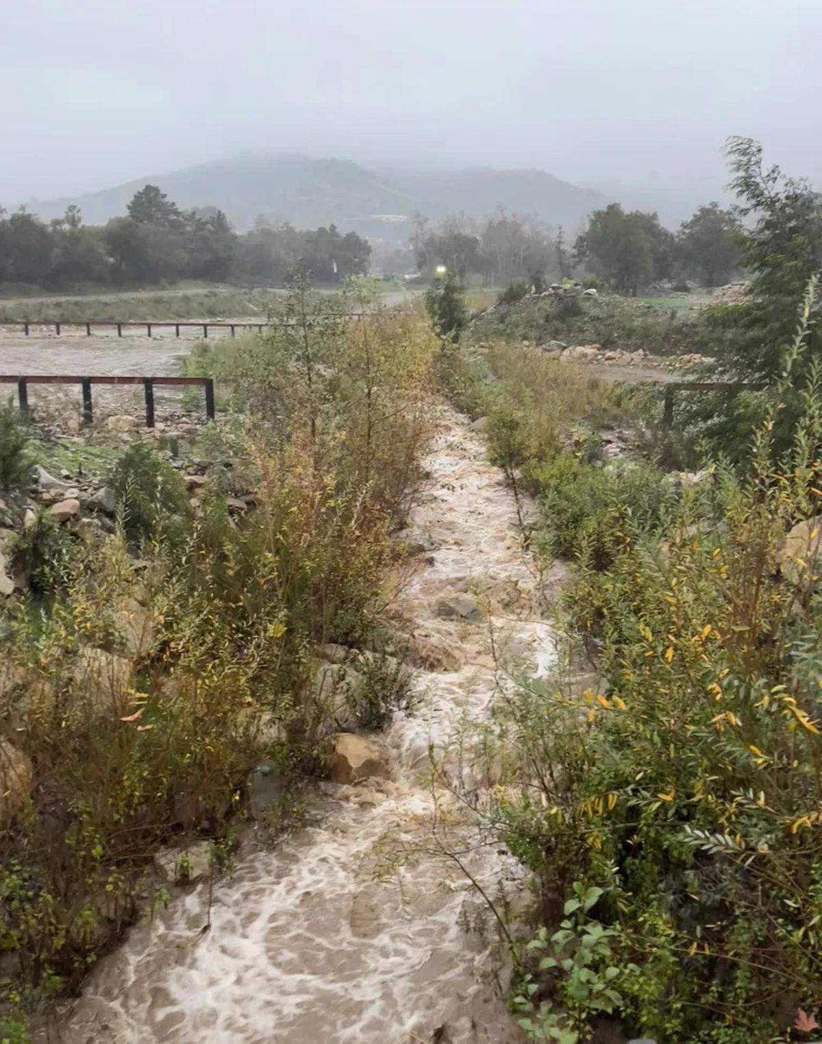 San Ysidro Creek flows in Montecito on Monday, Jan. 9, 2023, near the Randall Road debris basin, which was built following the deadly Jan. 9, 2018 debris flows.