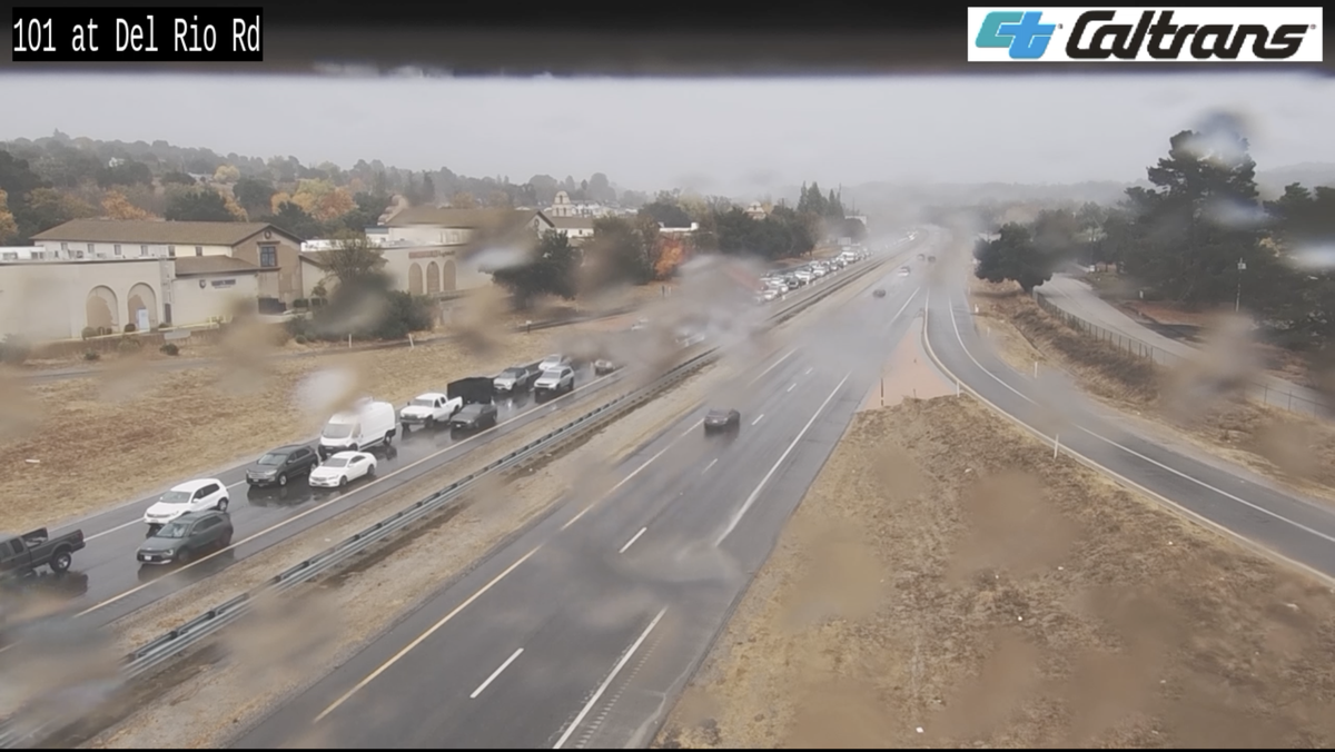 A car crash on northbound Highway 101 near the San Ramon Road off ramp backed up northbound traffic for a stretch between Templeton and Atascadero on Nov. 25, 2024. The National Weather Service warned of wet and slippery roads, increased traffic incidents due to wet outdoor weather events during the statewide atmospheric river.