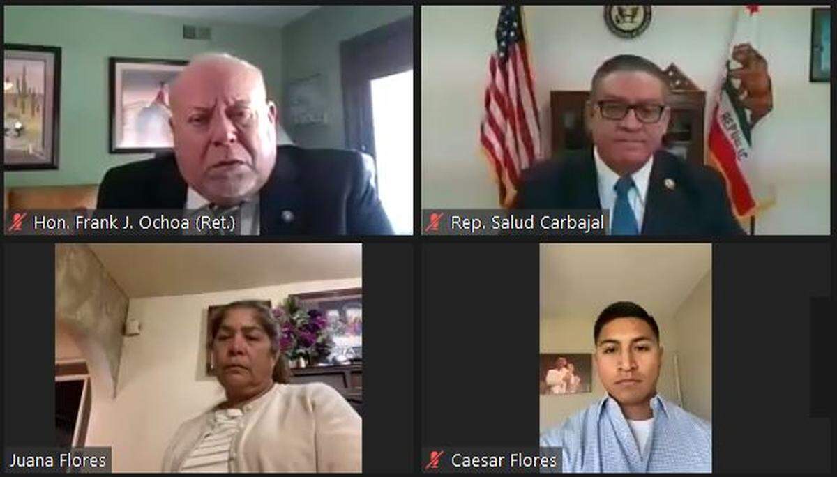 Clockwise from upper left: Retired Santa Barbara Superior Court Judge Frank Ochoa joins Central Coast U.S. Rep. Salud Carbajal for a Zoom conference Jan. 26, 2021, in promotion of the Protect Patriot Parents Act, which would allow U.S. Air Force Staff Sgt. CaesarFlores to be reunited with his mother, Juana Flores, who was deported to Mexico after 30 years in the U.S.