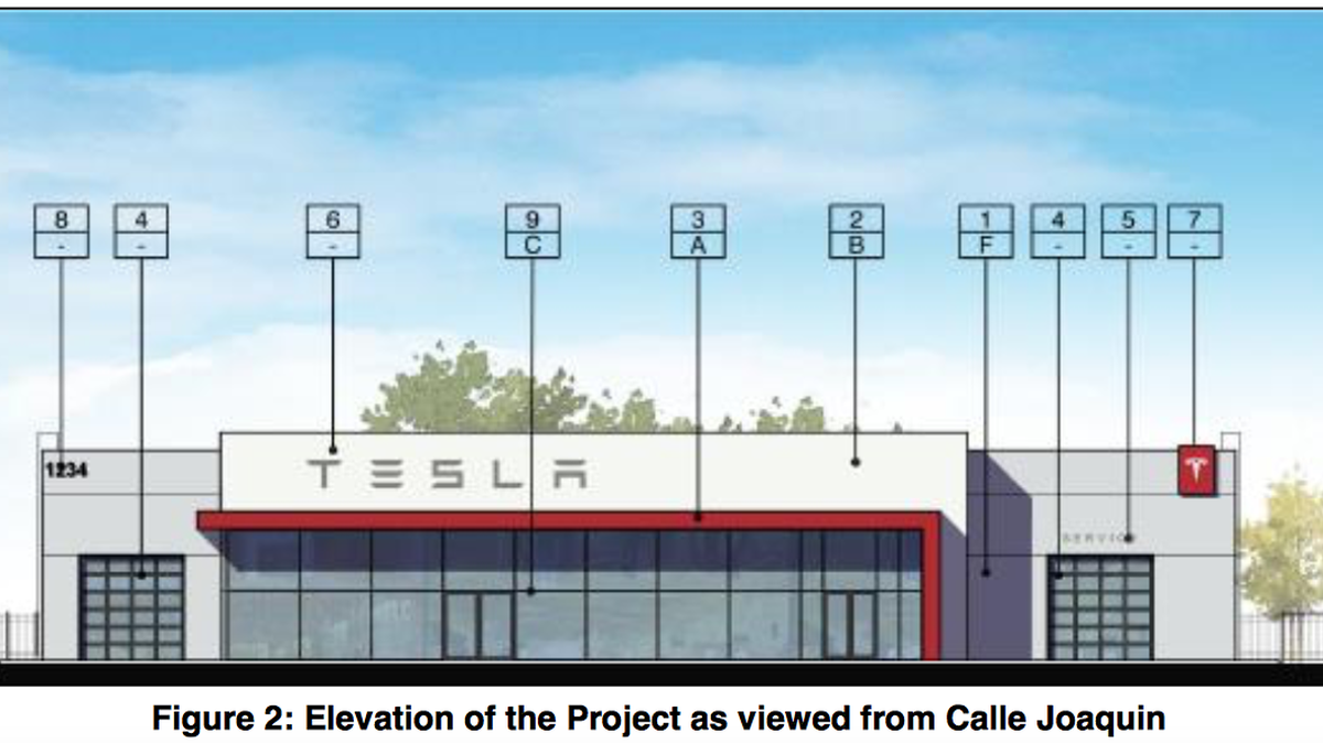 An illustration shows the design of the proposed Tesla dealership on Calle Joaquin in San Luis Obispo.