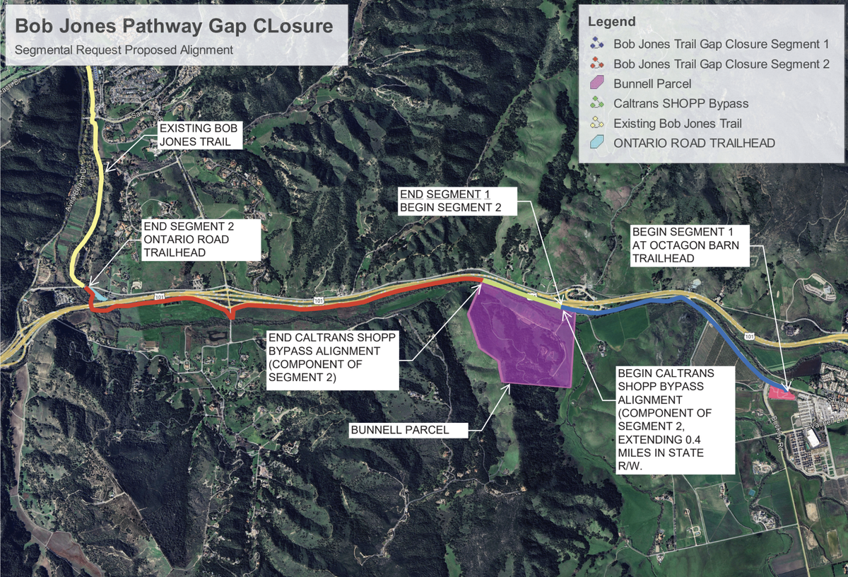 The new Bob Jones Trail design will reroute onto a strip of Caltrans-owned land next to Highway 101 for a stretch between Clover Ridge Lane and Ontario Road to avoid the property of Ray Bunnell, who has long opposed the project being built on his land.