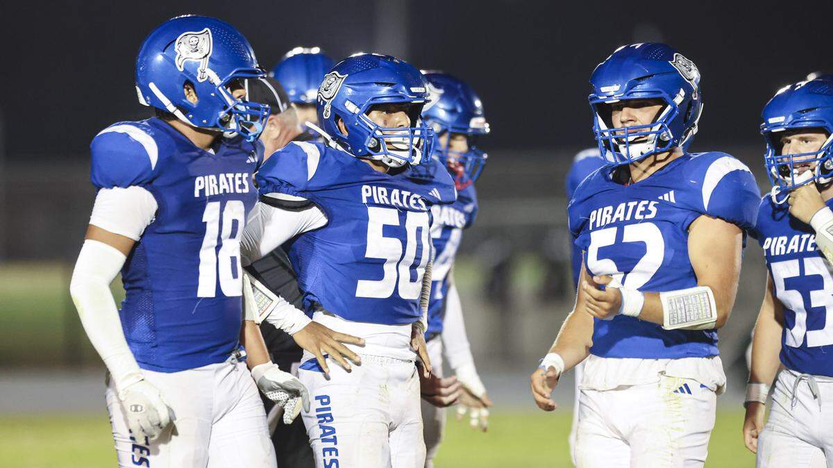 The Pirate defense takes a moment before the next play. from the left: John Holguin, Radden Batalla, Colton Rosenlieb, Isaac Schooley. Morro Bay beat Lindsey 52-24 on. Aug. 29, 2025.