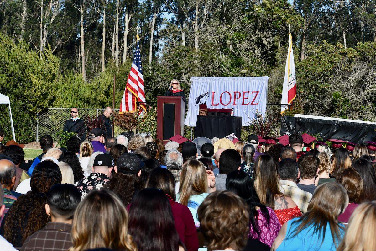 Lopez Continuation High School Principal Jennifer Brown speaks during the school’s commencement ceremony.