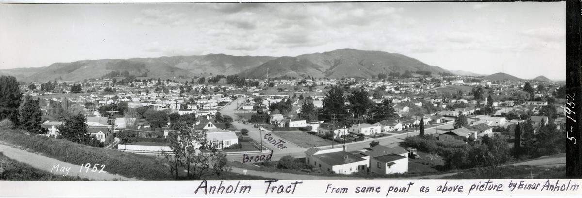 This May 1952 photo of the Anholm Tract shows the residential neighborhoods that overtook the farmland owned by the Anholm family in the early 20th century. Many homes in this area of San Luis Obispo were built using restrictive property covenants that kept non-white people from purchasing the homes.
