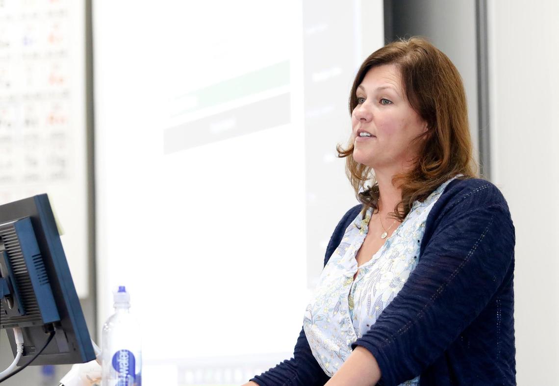 Kate Haisch, nutrition and culinary arts teacher first day in front of in-person classroom at Cuesta College.