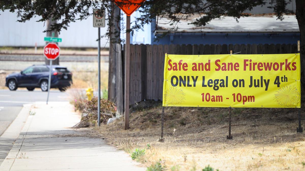 In Oceano near Highway 1 a sign advises that only safe and sane fireworks are allowed and only on July 4 between the hours of 10 am and 10 pm, seen on July 1, 2024.