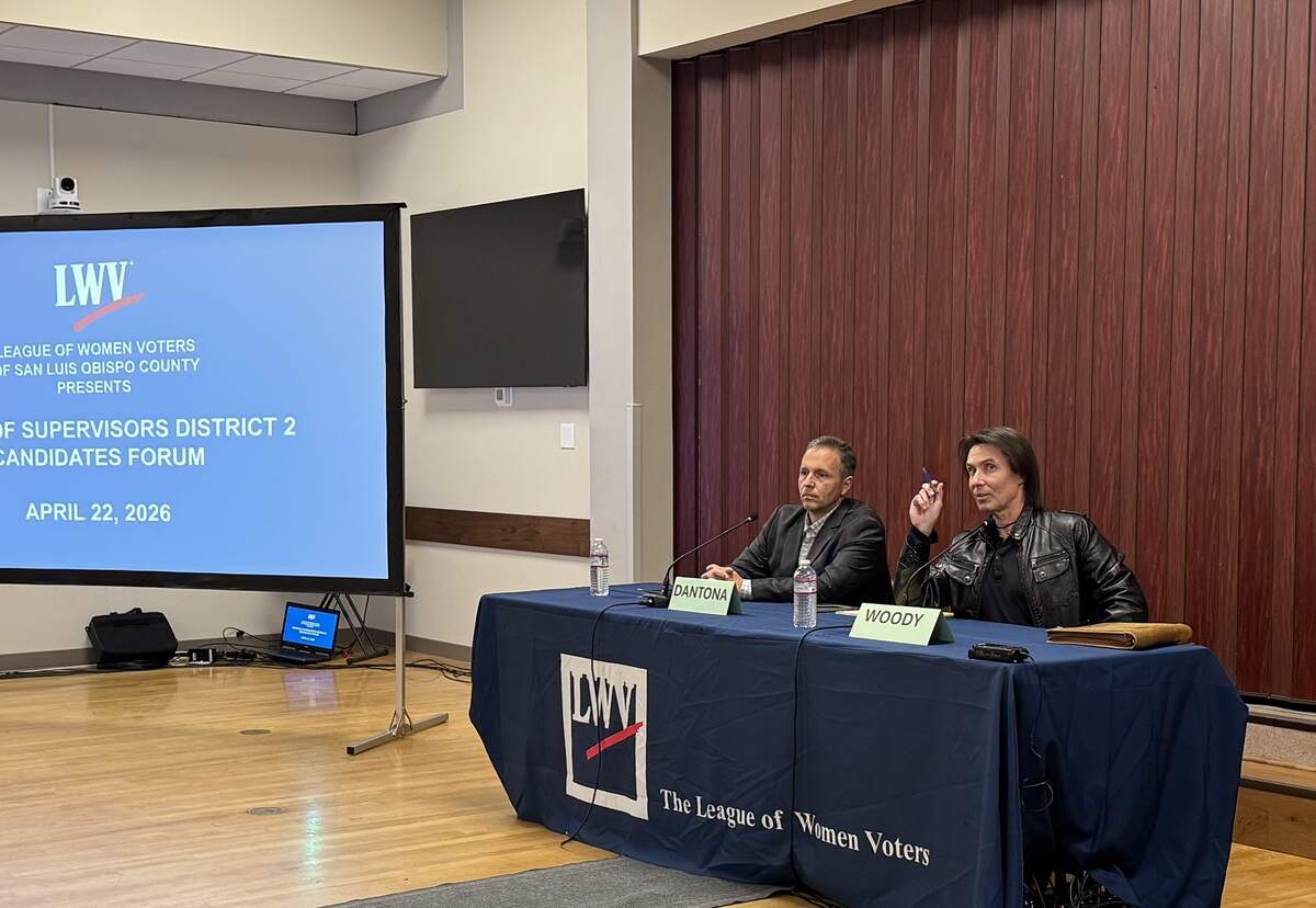 District 2 San Luis Obispo County supervisor candidates Jim Dantona and Michael Erin Woody faced off at a forum hosted by the League of Women Voters of SLO County on April 22, 2026.