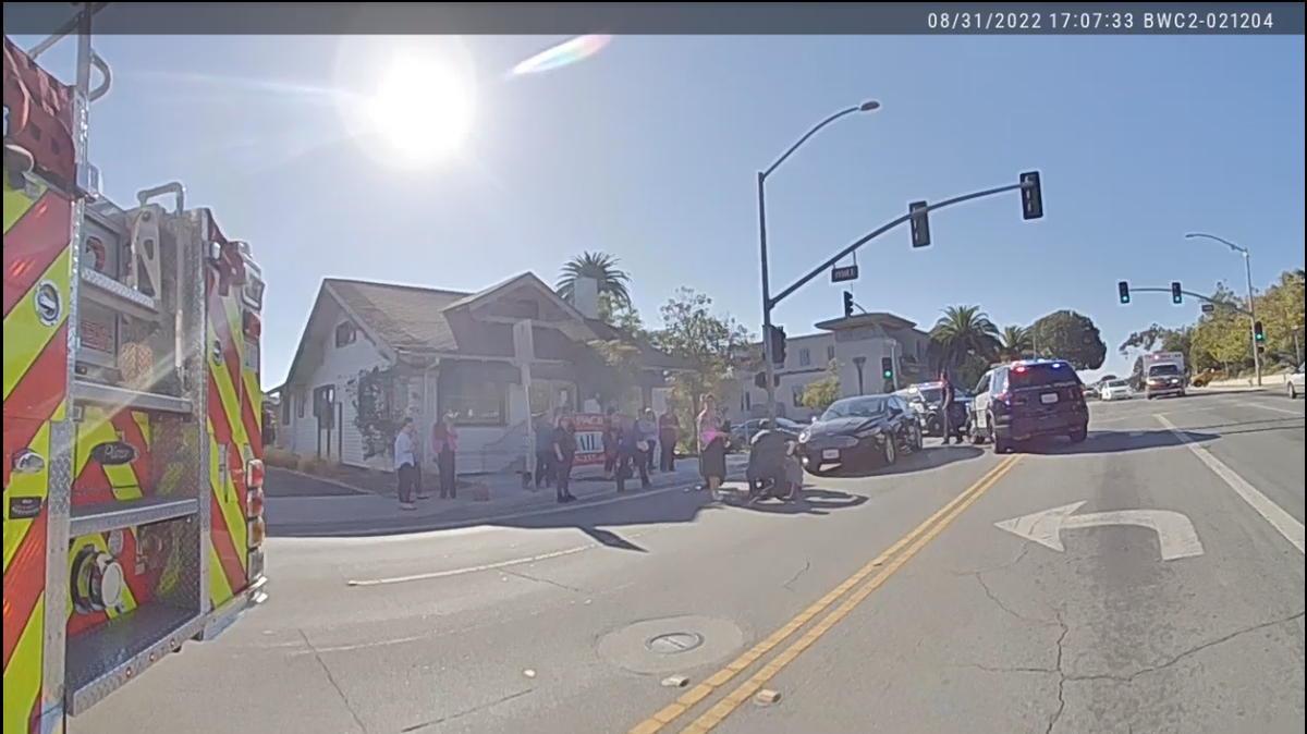 Dashcam footage provided by the San Luis Obispo Police Department shows the aftermath of a collision between a vehicle and a pedestrian near Santa Rosa Street and Mill Street around 5 p.m. on Thursday Aug. 31, 2022.