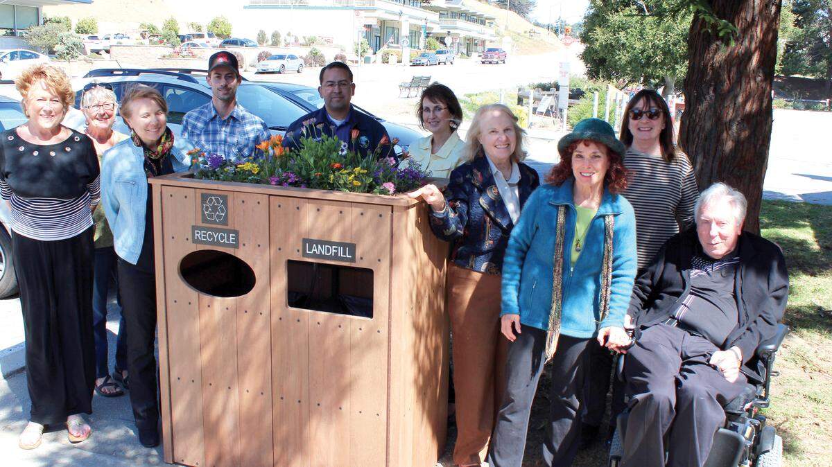 Present at the trash can dedication, left to right: Linda Haskins, BCA corresponding secretary; Jo Ellen Butler, executive director of FFRP; Vari MacNeil, BCA president, Michael Evans, metalworker; Carlos Mendoza, CCSD facilities and resources supervisor; Patti Toews, program director of San Luis Obispo County Integrated Waste Management Authority; Christine Heinrichs, BCA vice president; Claudia Harmon Worthen, BCA recording secretary/treasurer; Connie Gannon, Greenspace executive director; Roland Soucie, BCA accessibility ambassador.