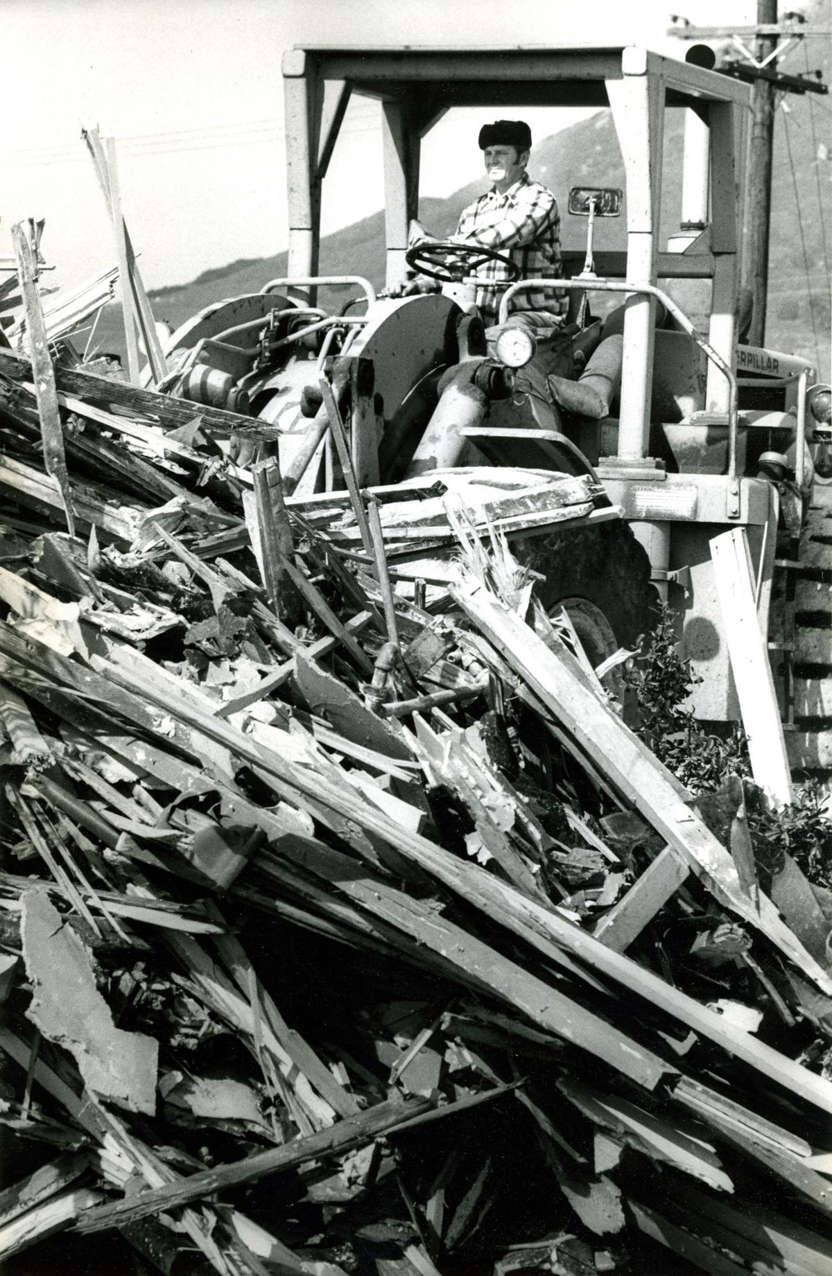 World War II vintage temporary housing at High and Leff streets were bulldozed Feb. 15, 1971. The 20 units were operated by the county were to be replaced with 20 apartments built by the city housing authority.