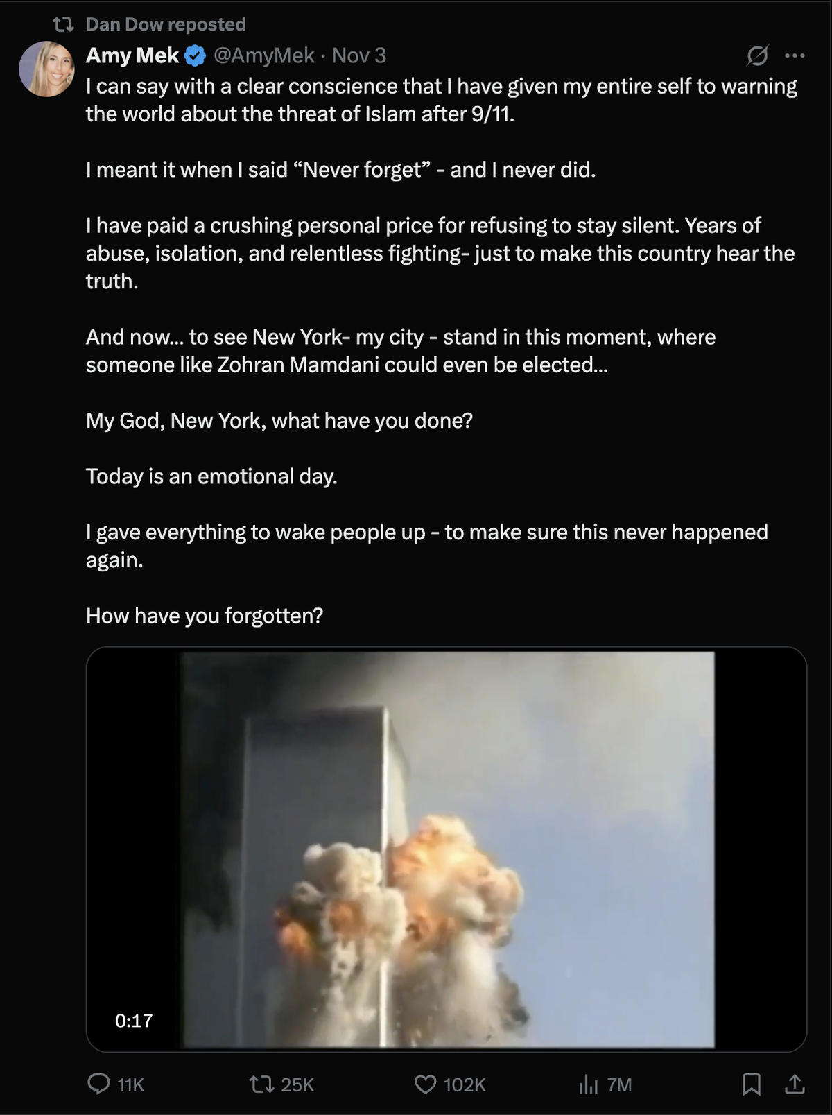 San Luis Obispo County District Attorney Dan Dow reposted an X post linking the election of Zohran Mamdani as New York City’s first Muslim mayor to the 9/11 attacks that killed 2,606 people at the World Trade Center.