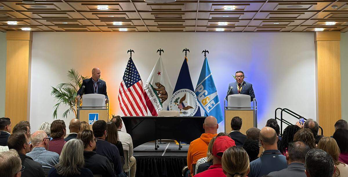 The Nuclear Regulatory Commission approved a permit extension for the Diablo Canyon nuclear power plant allowing it to potentially operate another 20 years. PG&E vice president of business and technical services Blair Jones and Rep. Salud Carbajal speak during a news conference announcing the decision April 2, 2026.