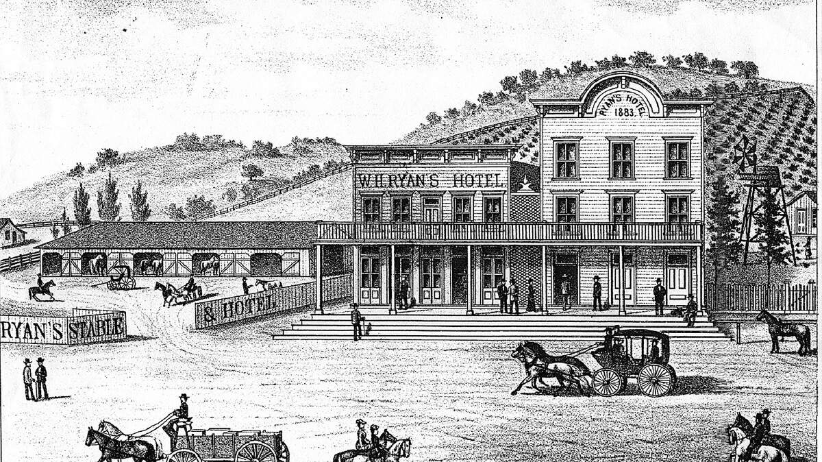 An illustration of William H. Ryan's hotel and stable in Arroyo Grande, circa 1883.