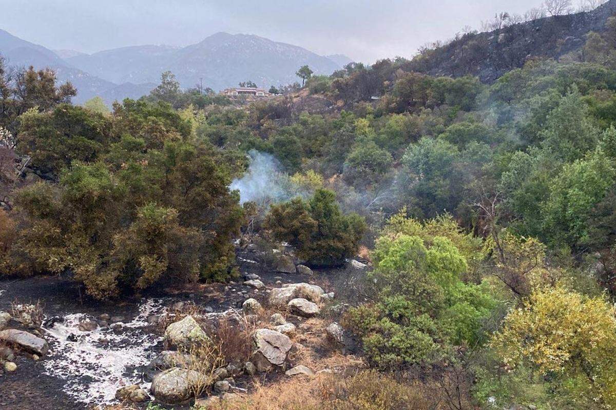 About an inch of rain fell on Cave Fire burn areas overnight. There was little flow in local creeks early Wednesday, as seen from the San Antonio Creek bridge near Highway 154.