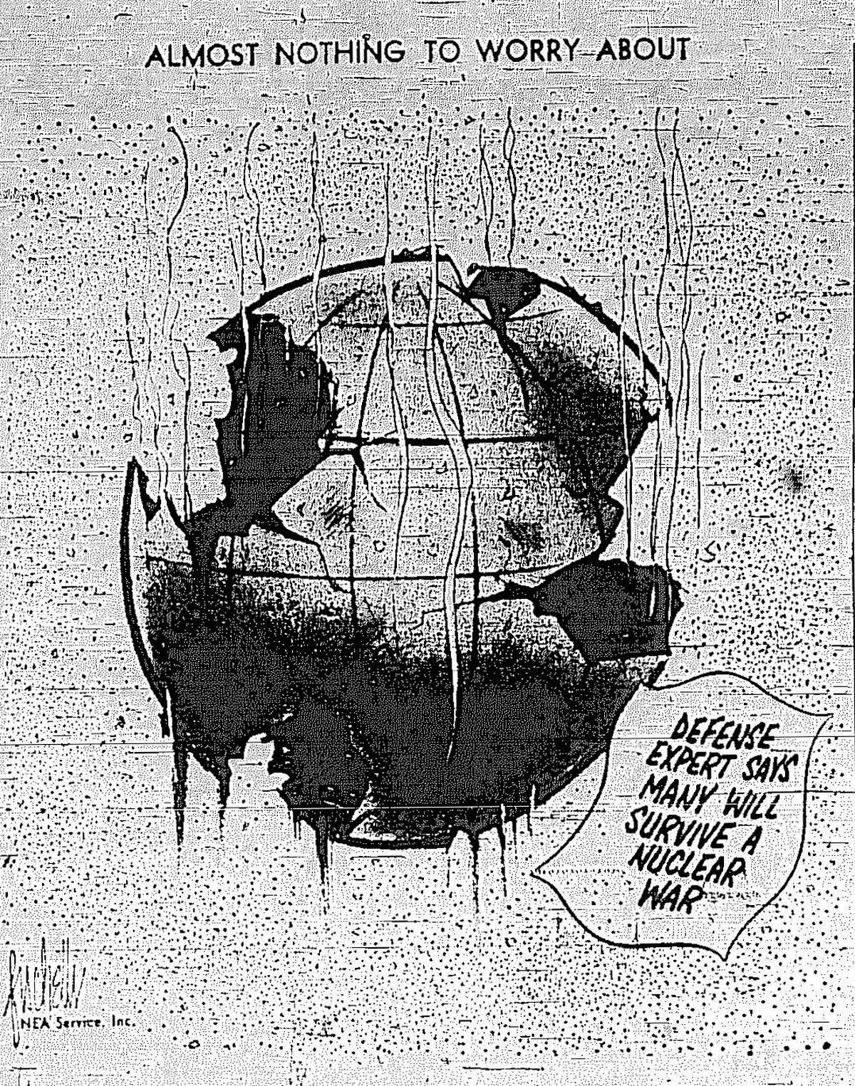 John R. Fischetti drew this cartoon published July 1, 1959 outlining the threats of nuclear war to the world after two previous world wars in the century.