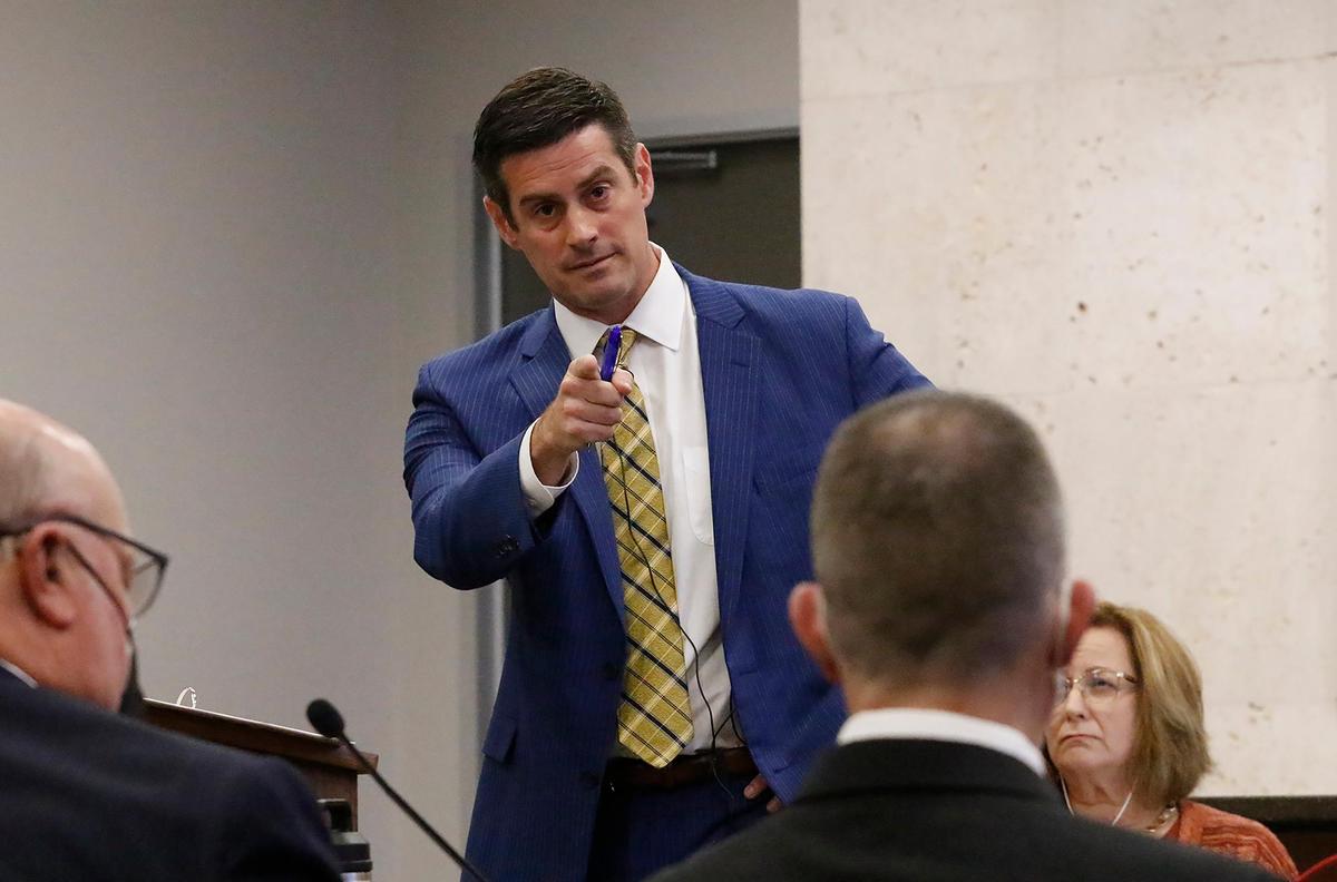 Deputy District Attorney Chris Peurvelle speaks during closing arguments in the Kristin Smart murder trial on Monday, Oct. 3, 2022. Robert Sanger, Paul Flores’ defense attorney, listens as the Flores sits nearby. “He’s (Flores) is guilty as sin!” Peuvrelle said.