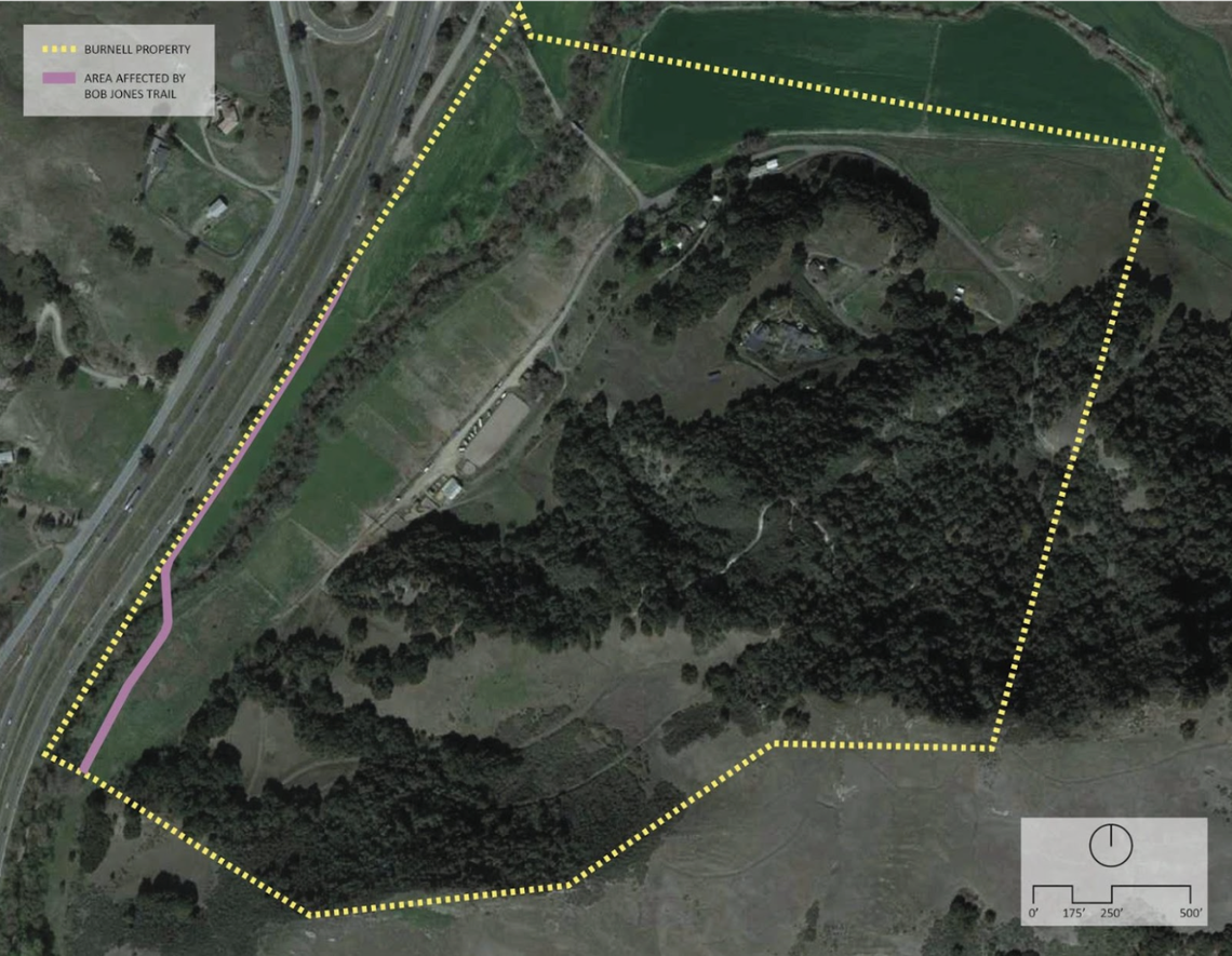 The map shows the location of the potential Bob Jones trail over Ray Bunnell’s property.