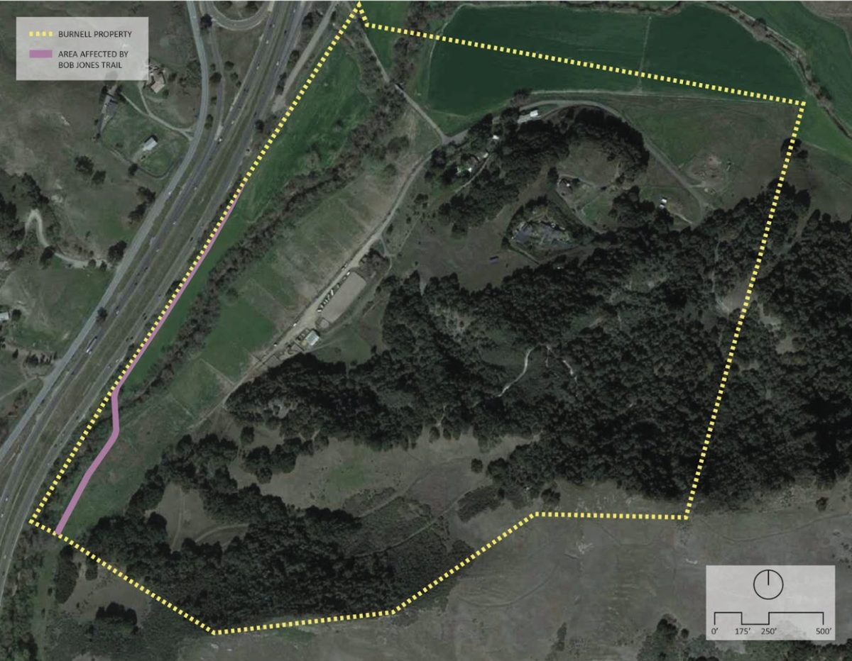 The map shows the location of the potential Bob Jones trail over Ray Bunnell’s property.