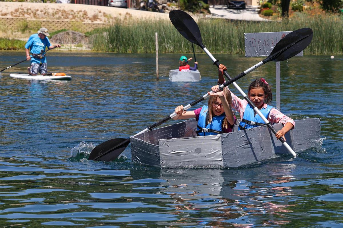 Amalia Young and Valerie Hubbard had looked forward to the Atascadero Lake Fest’s cardboard boat race since the last time the event was held in 2019. The kids division featured a variety of designs, including their craft called “Ducky.”