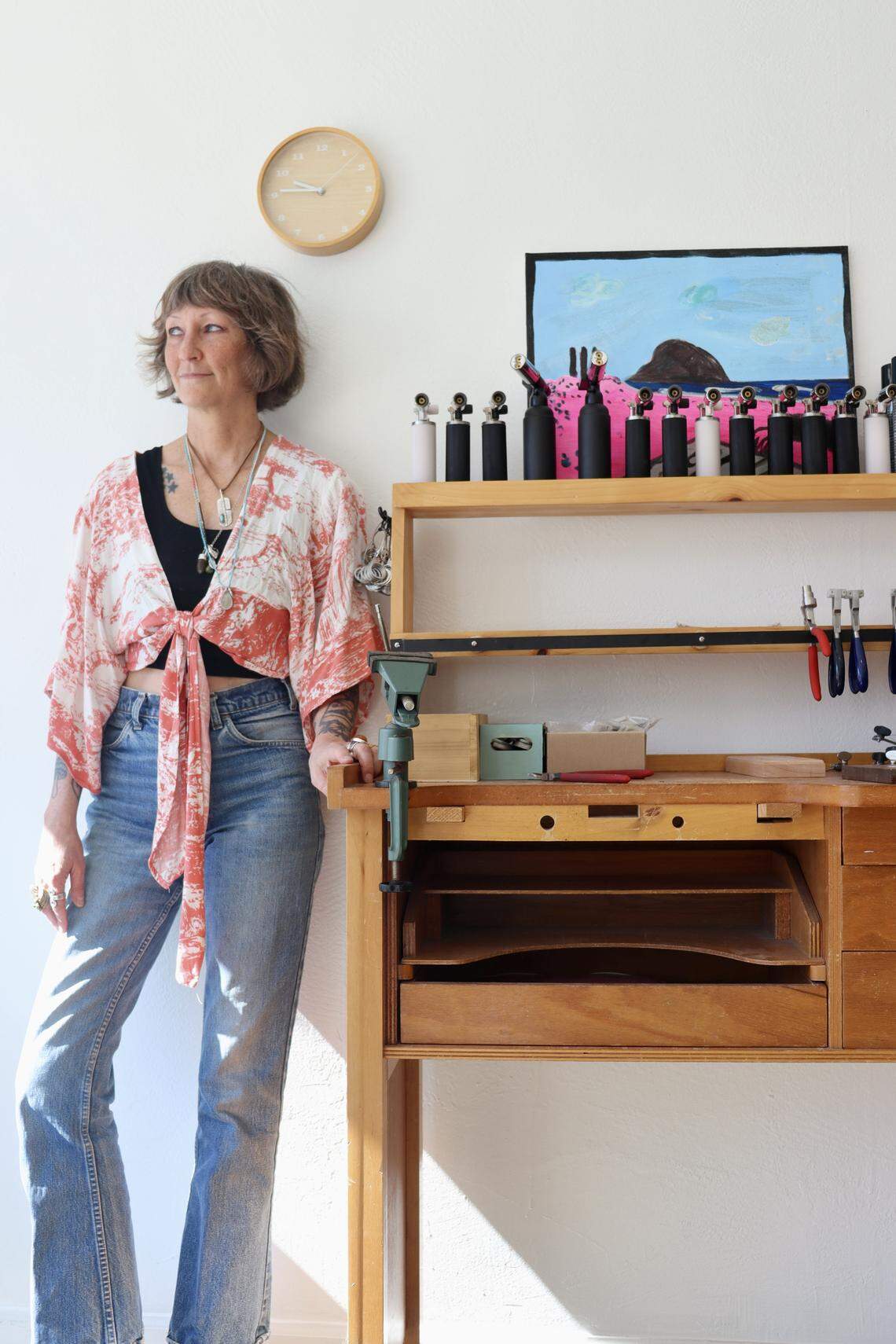 Artist Amy Beams, a partner of Fieldwork in Atascadero, poses next to the silver and jewelry making table at the studio, where she leads workshops for stone-setting and ring-stacking. Fieldwork moved to its downtown location at 5880 Entrada Avenue in March 2026.
