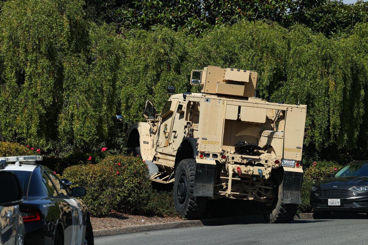Sheriff’s department deputies move an armored vehicle into position during a standoff that was sparked by an argument and gunfire in the Northview Avenue of the Nipomo Mesa on Sept. 18, 2023.