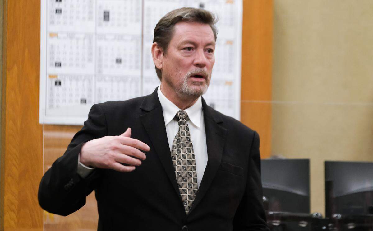 Defense attorney James Askew gives opening statements in the murder case against his client Marco Antonio Cota Jr. in San Luis Obispo Superior Court on Feb. 1, 2024. Cota is accused of killing Rick Fowler and jamming sticks into his body on Nov. 20, 2021.