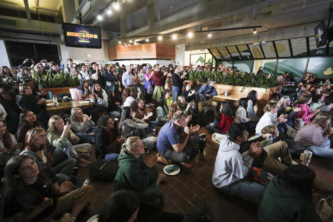 Audience of about 300 celebrated the splashown of the Artimis II mission around the moon April 10, 2026 at Cal Poly's University Union.