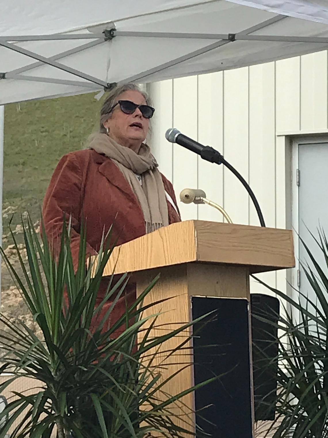 Morro Bay Mayor Carla Wixom speaks on Thursday, Feb. 23, 2023, during a ceremony dedicating the city’s new wastewater treatment facility. She thanked townsfolks for “such patience and cooperation” during the construction process.