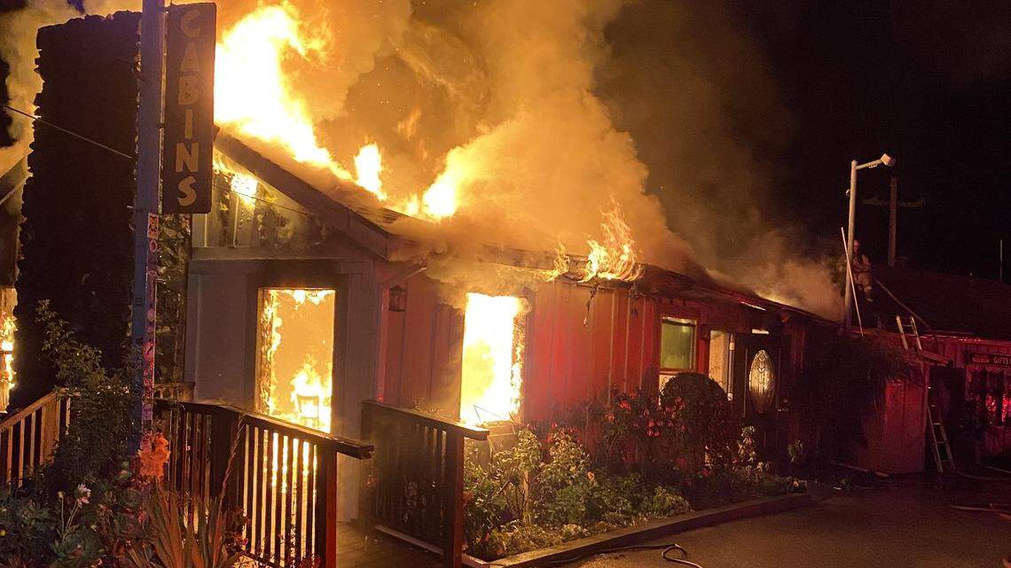 Flames engulf the restaurant of Lucia Lodge in Big Sur, which was destroyed in a structure fire on Tuesday, Aug. 10, 2021.