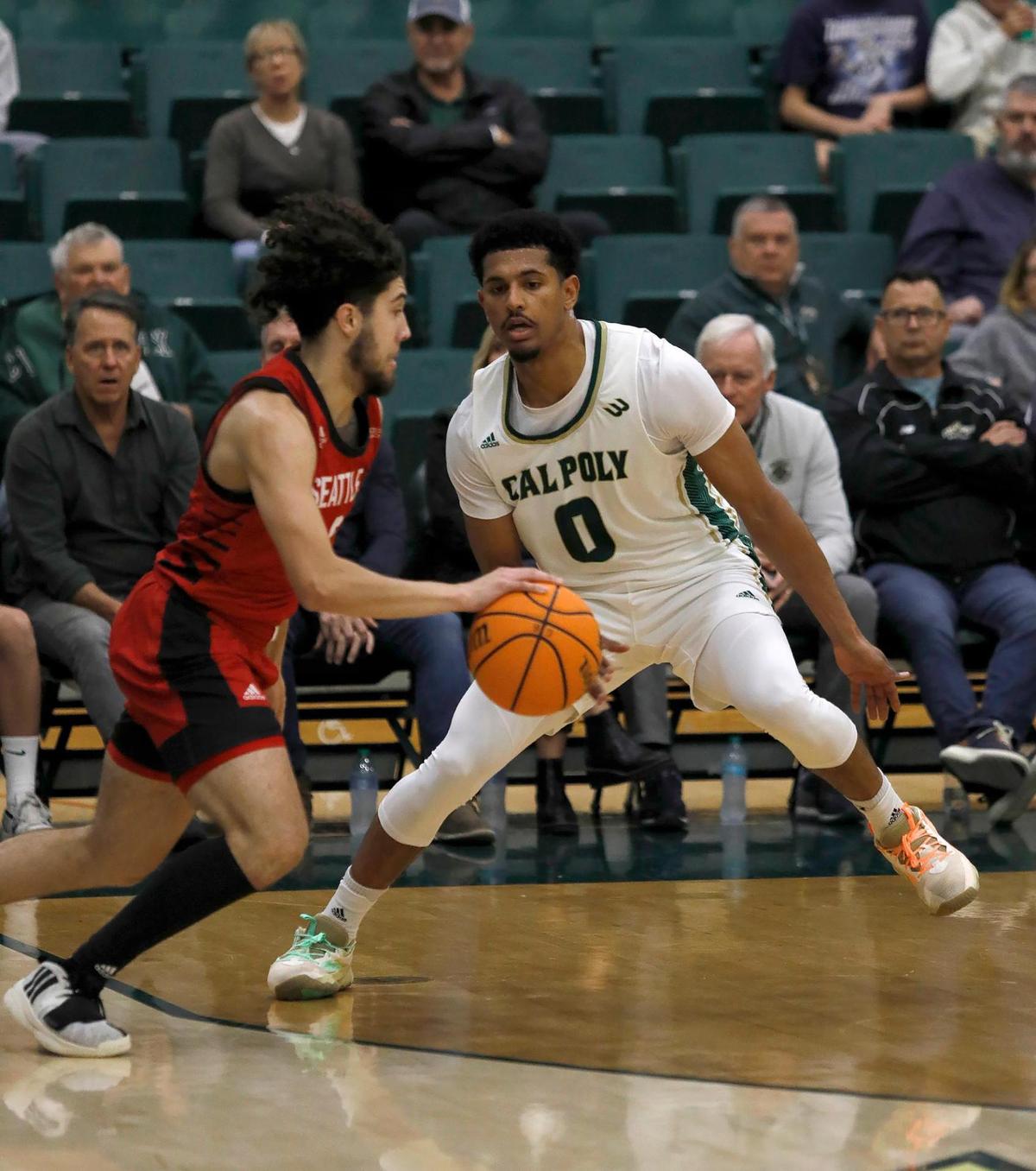 Cal Poly’s Jarred Hyder defends against Brayden Maldonado. Cal Poly beat Seattle University 75-71 in a college basketball game at Mott Athletics Center on Nov. 14, 2024.