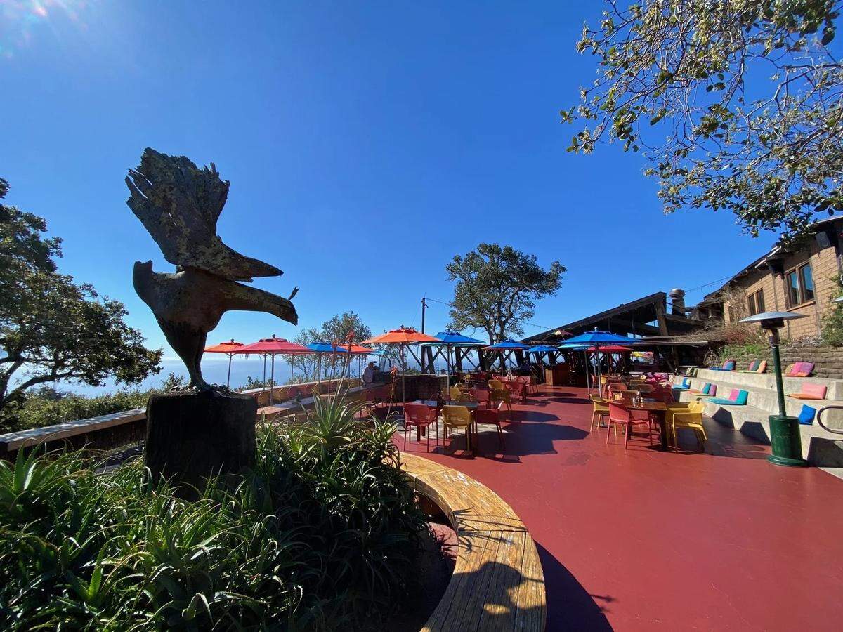 The cliffside Nepenthe restaurant is the closest business to Regent’s Slide on Highway 1.