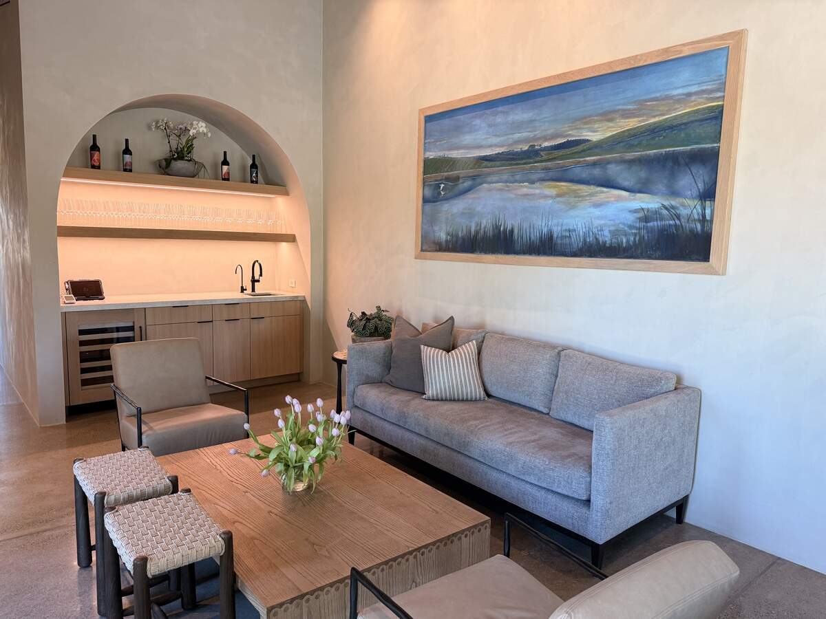 A piece of chalk artwork in the Truss Wines’ tasting room features the pond on the Paso Robles property.