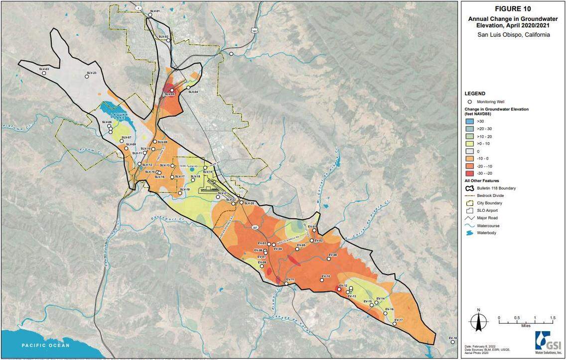 This graphic shows where groundwater levels declined in the San Luis Obispo Valley groundwater basin from April 2020 to April 2021.