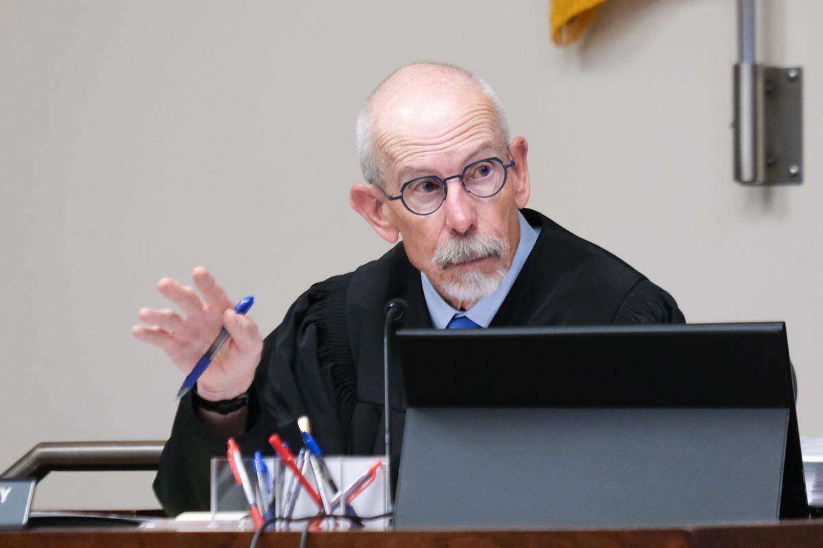 San Luis Obispo Superior Court Judge Michael Kelley tells Paso Robles City Councilmember Chris Bausch to stay on topic during a court hearing at the Paso Robles branch of San Luis Obispo Superior Court on April 30, 2025. The Tribune sued Bausch and the City of Paso Robles for violating the Public Records Act in March.