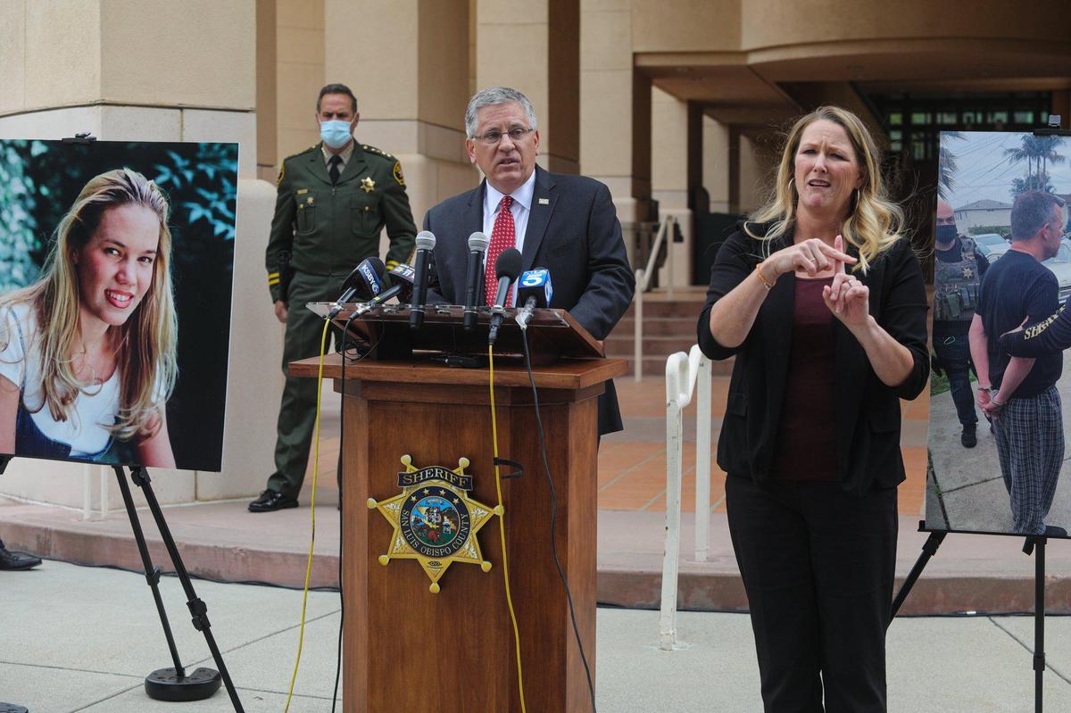 Cal Poly President Jeffrey Armstrong speaks during announcement of Paul and Ruben Flores arrests on April 13, 2021. San Luis Obispo County Sheriff Ian Parkinson stands in background and interpreter Robin Babb is at right. Photo of Paul Flores being arrested is at right.