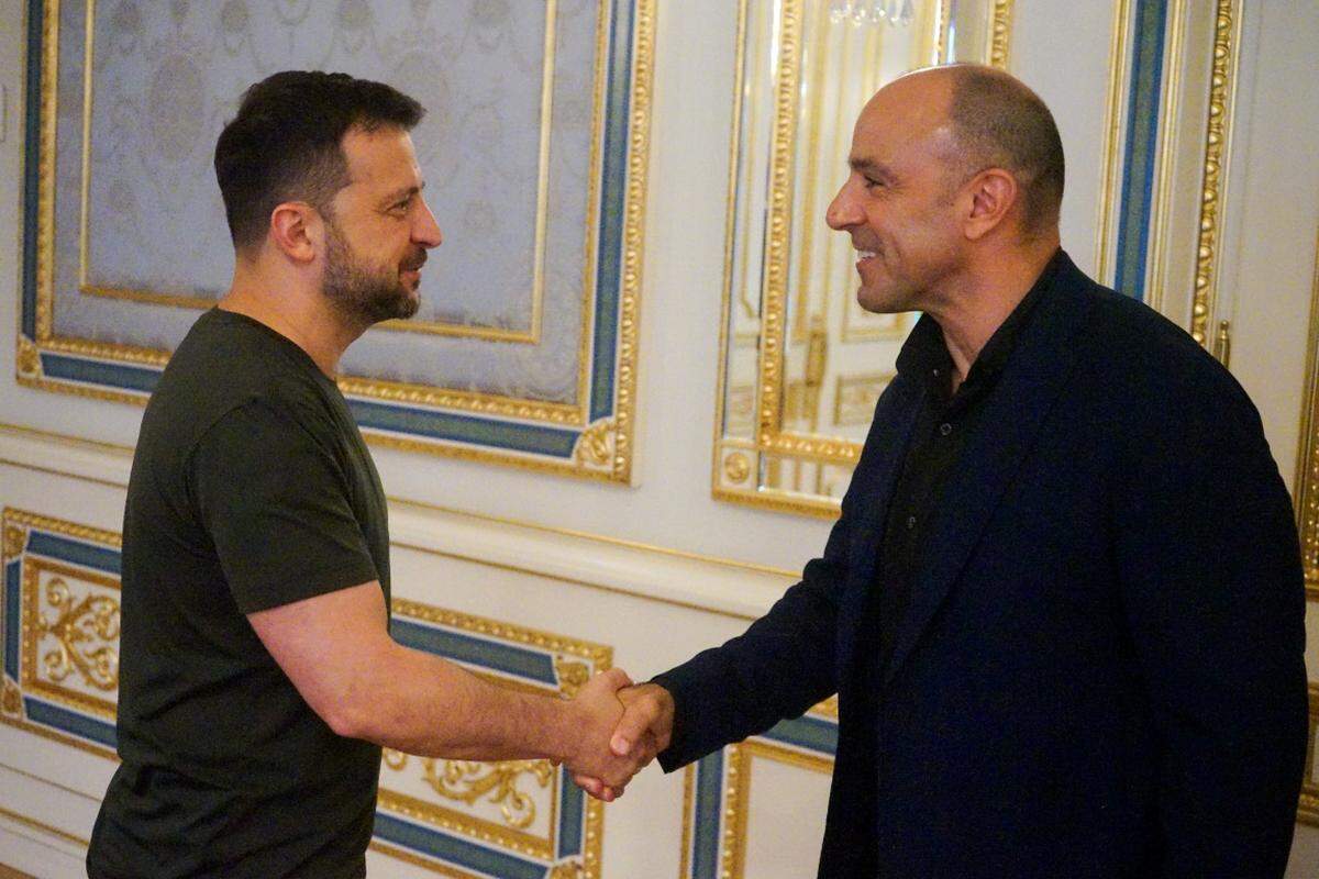United States Congressman Jimmy Panetta greets Ukraine President Volodymyr Zelenskyy