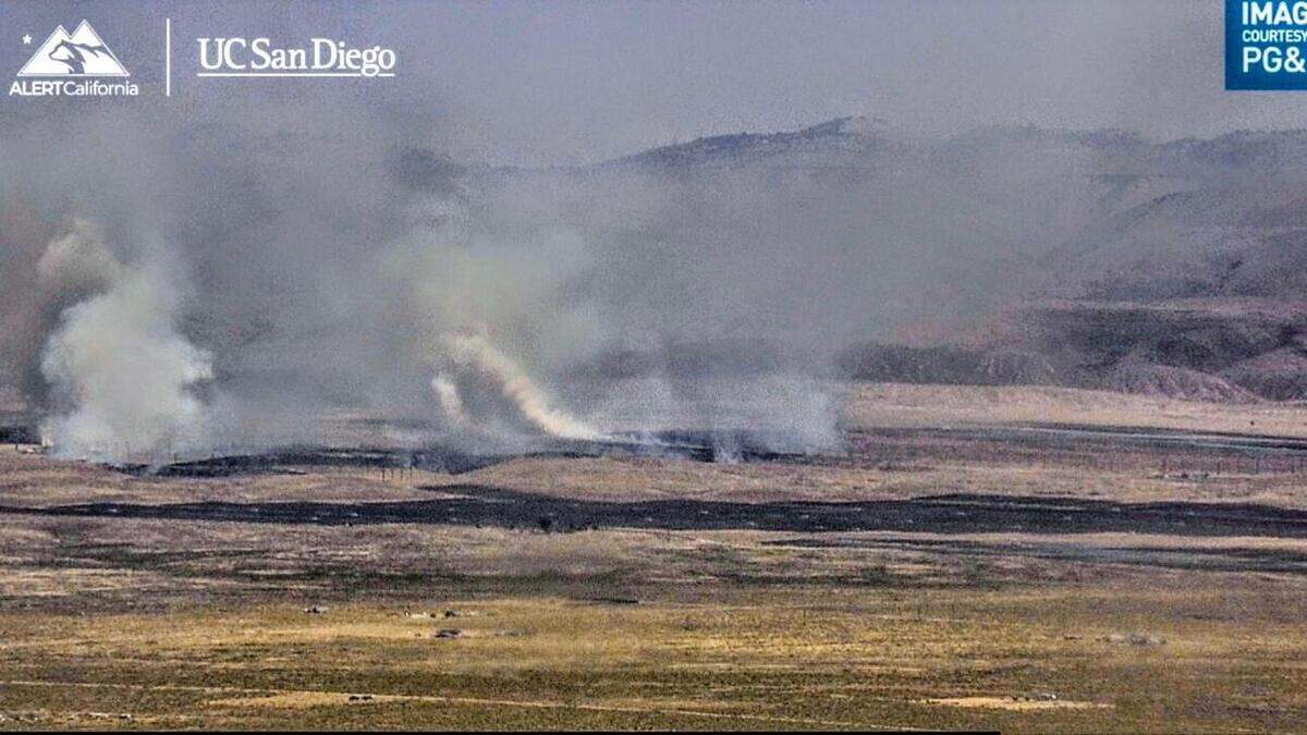 Plumes of smoke rise from the Solar Fire that burned 200 acres in the California Valley area of eastern San Luis Obispo County on Saturday, June 13, 2026.