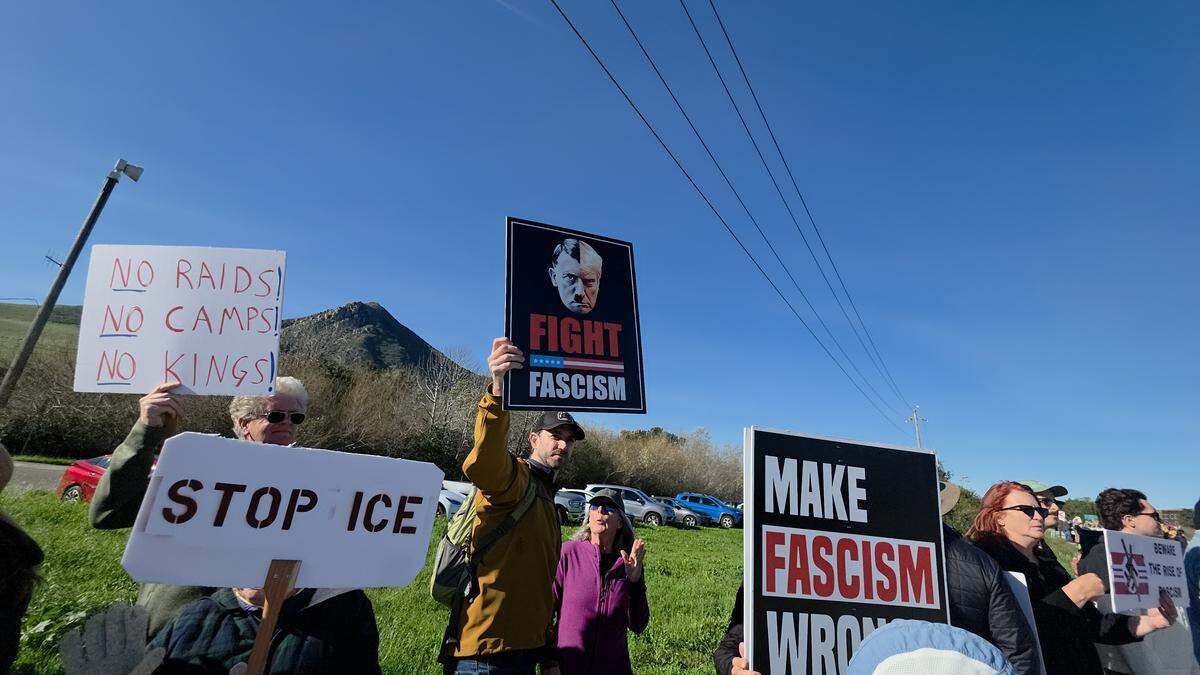 More than 250 people gathered at Highway 1 and Kansas Avenue to protest ICE in San Luis Obispo on Jan. 11, 2026.