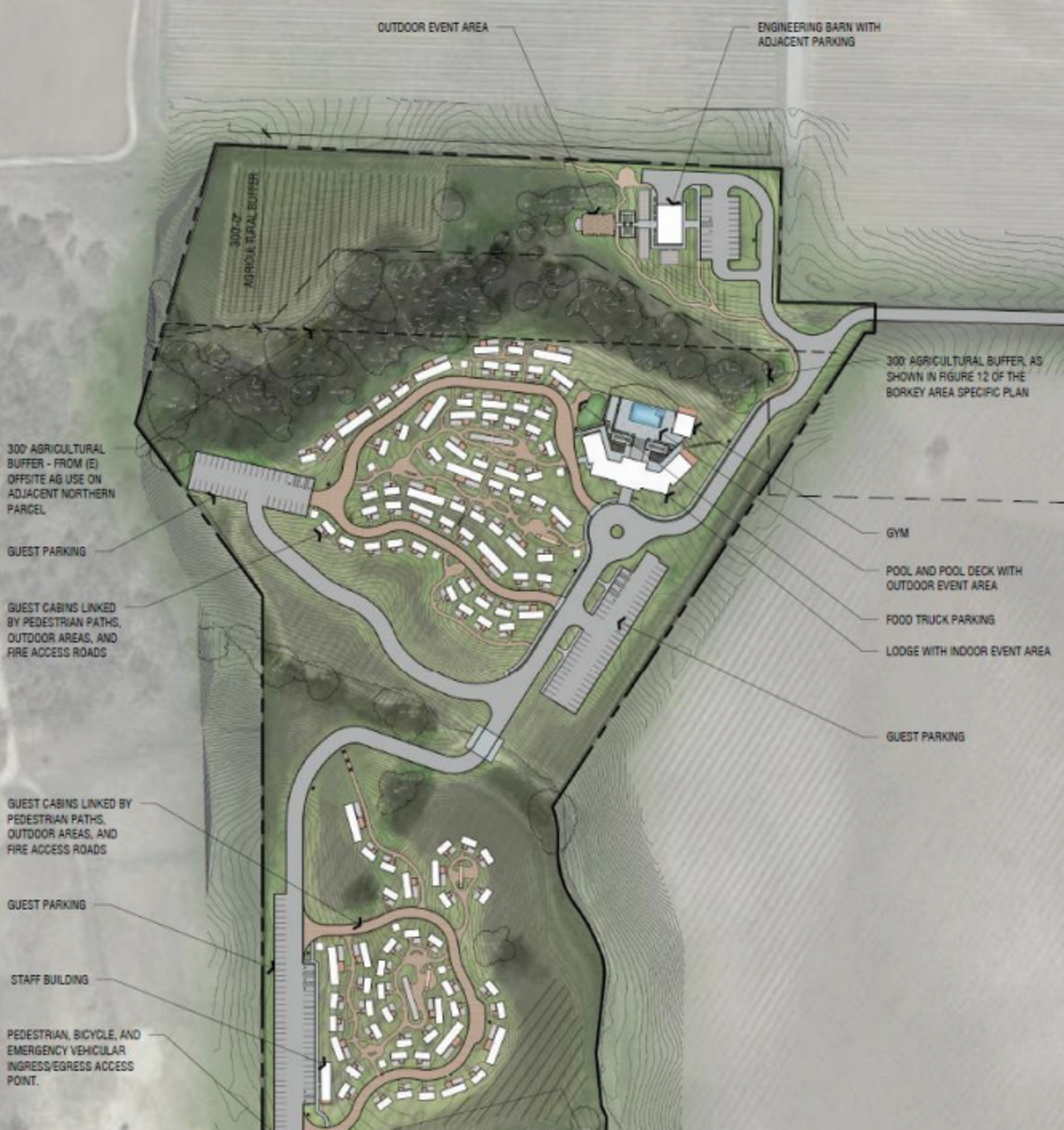 A 25 acre vineyard in Paso Robles could be renovated into a new cabin hotel, consisting of 107 cabins and a lodge.